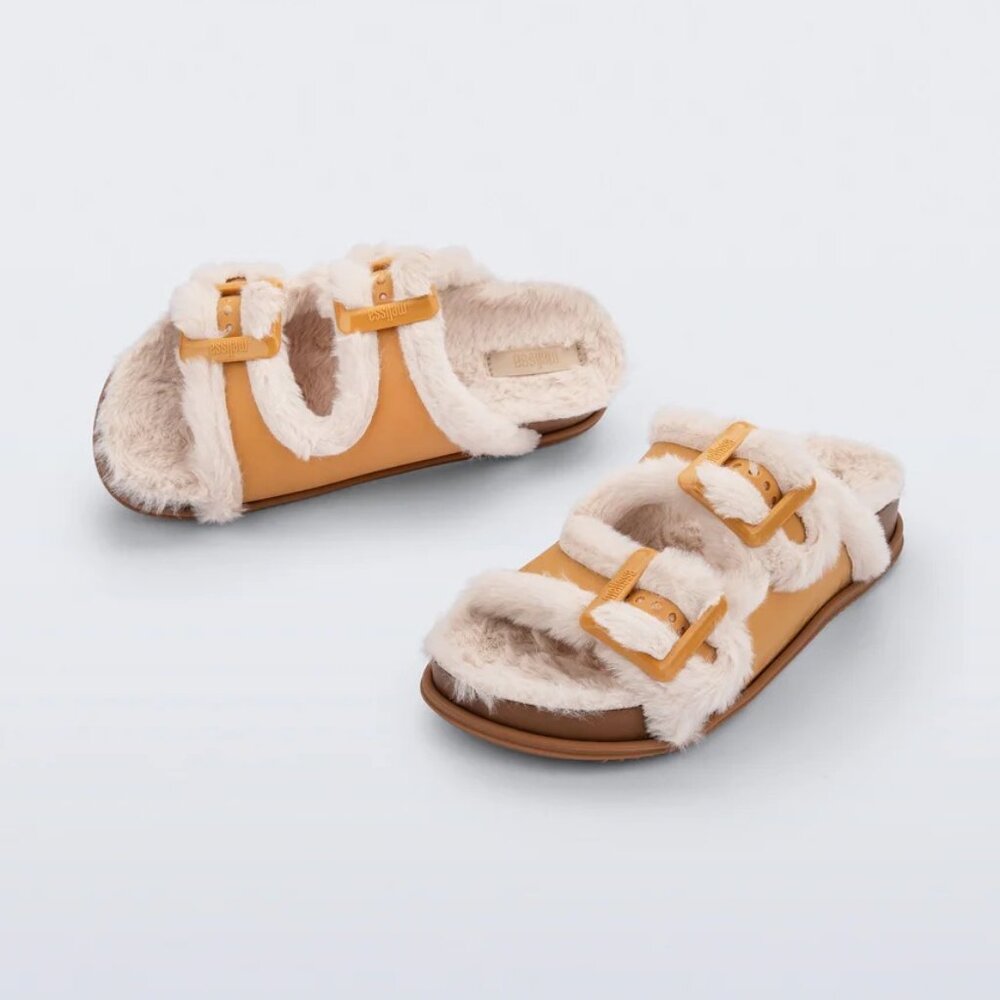 NEW Melissa Cozy Warm Slide Sandals in Orange/Beige